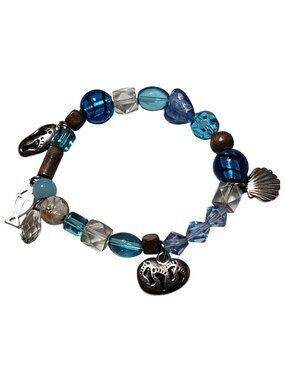 Footprints Prayer Charm Bracelet Blue Beaded Stretch Jesus Religious Christian